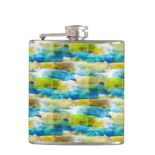 Watercolor abstract green, blue hip flask