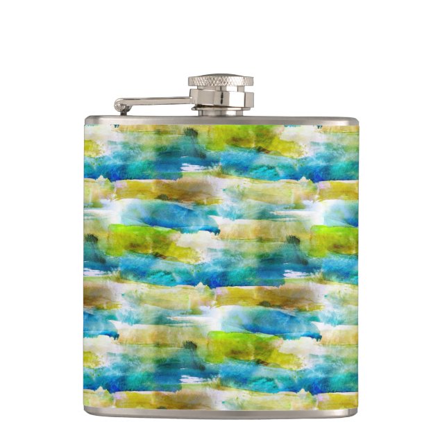 Watercolor abstract green, blue hip flask (Front)
