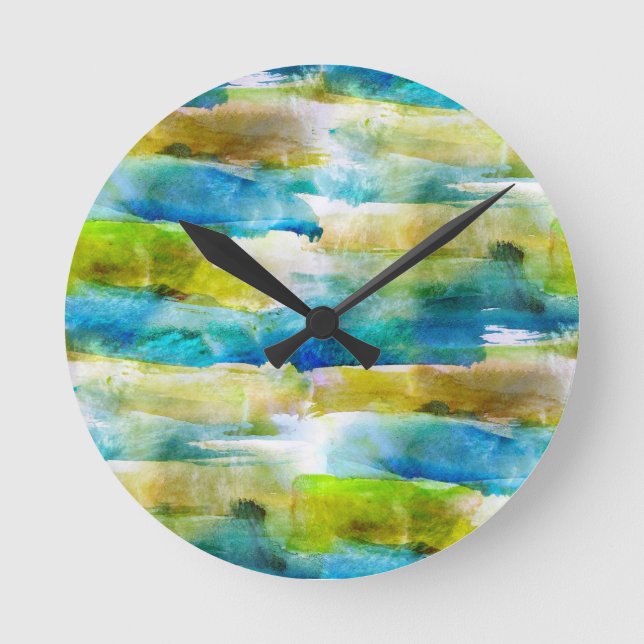 Watercolor abstract green, blue round clock (Front)