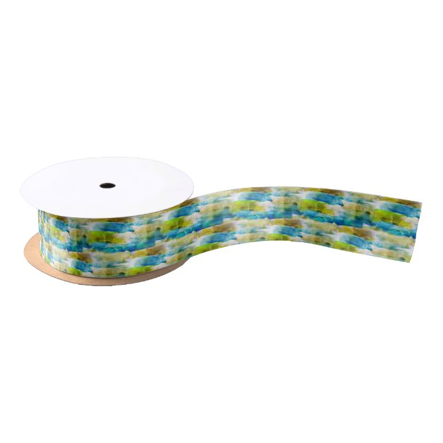 Watercolor abstract green, blue satin ribbon (Spool)