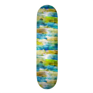 Watercolor abstract green, blue skateboard deck