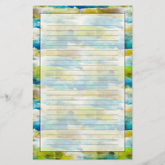 Watercolor abstract green, blue stationery (Front)