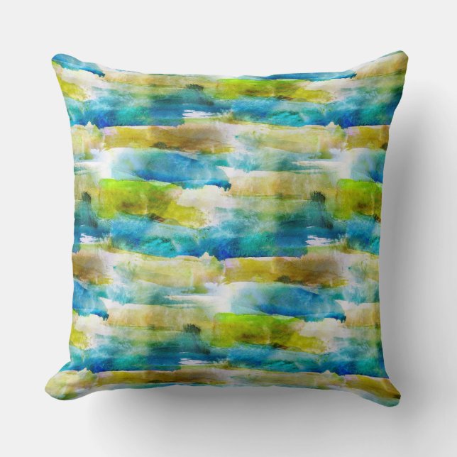 Watercolor abstract green, blue throw pillow (Front)