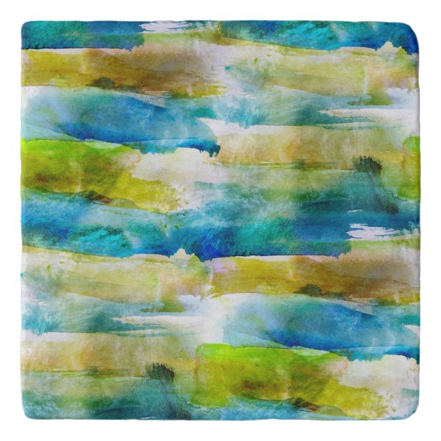 Watercolor abstract green, blue trivet (Front)