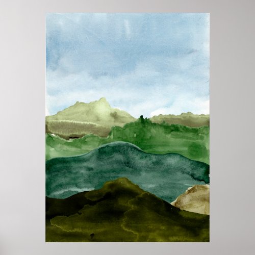 Watercolor abstract green mountains landscape art  poster