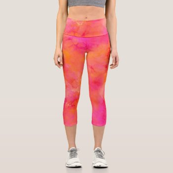 Watercolor Abstract Ink Art Pink Orange Capri Leggings by DesignByLang at Zazzle