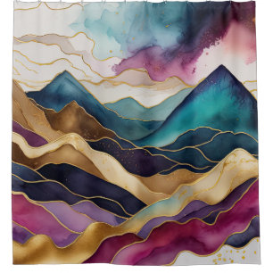 Watercolor Abstract Landscape Gold Blue Purple Shower Curtain