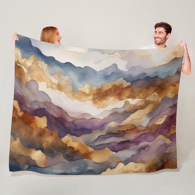Watercolor Abstract Landscape Painting Gold 3:2 Fleece Blanket (In Situ)