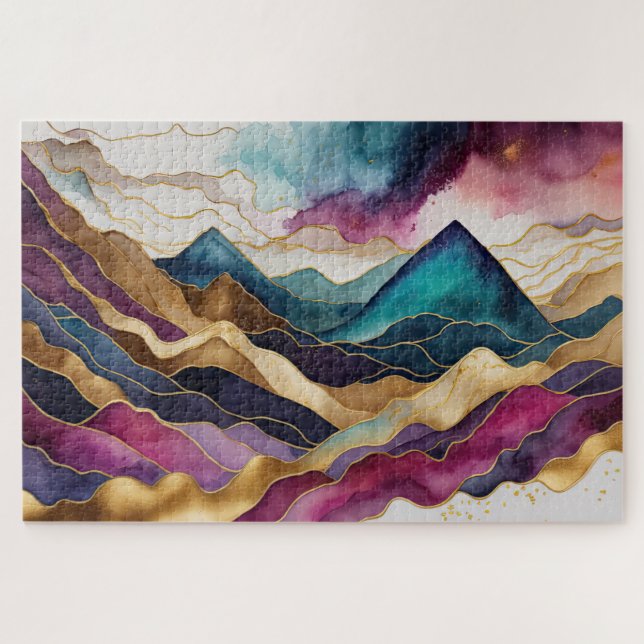 Watercolor Abstract Landscape Painting Gold Jigsaw Puzzle (Horizontal)