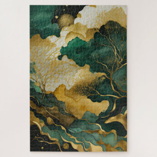 Watercolor Abstract Landscape Painting Gold Jigsaw Puzzle