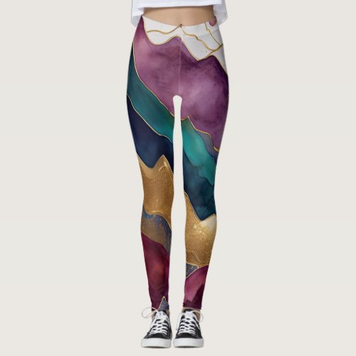 Watercolor Abstract Landscape Painting Gold Leggings