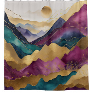 Watercolor Abstract Landscape Painting Gold Shower Curtain