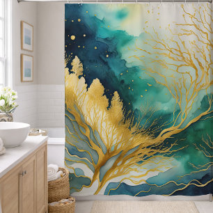 Watercolor Abstract Landscape Painting Gold Shower Curtain