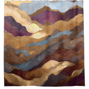 Watercolor Abstract Landscape Painting Gold Shower Curtain