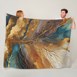 Watercolor Abstract Landscape Painting Gold Tree Fleece Blanket