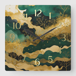Watercolor Abstract Landscape Painting Green III Square Wall Clock
