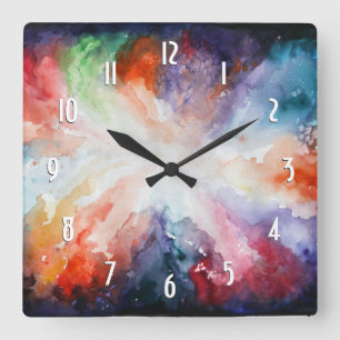 Watercolor Abstract Modern Art Color Clouds Square Square Wall Clock