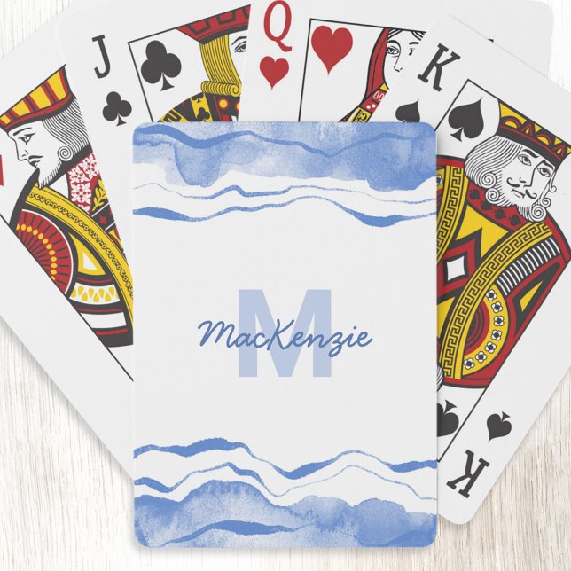 Watercolor Abstract Monogram  Poker Cards (Blue and white watercolor abstract monogram initial name personalized art playing cards)