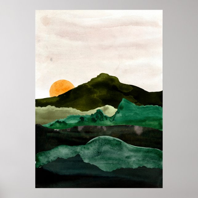 Watercolor abstract mountain landscape. Sunset art Poster (Front)