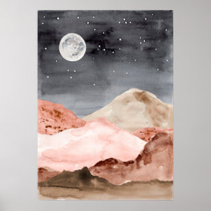 Watercolor abstract night moon desert landscape  poster