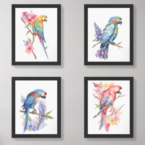 Watercolor Abstract Parrot on Branch of Chicory 4 Wall Art Sets