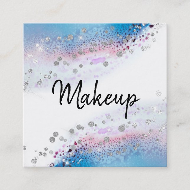 *~* Watercolor Abstract Pastel Glitter Blue Square Business Card (Front)