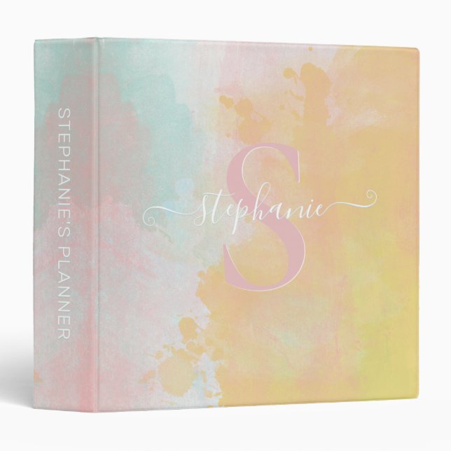 Watercolor Abstract Pastel Monogrammed 3 Ring Binder (Front/Spine)