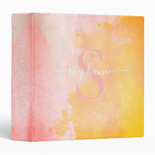 Watercolor Abstract Pink Orange Monogrammed 3 Ring Binder