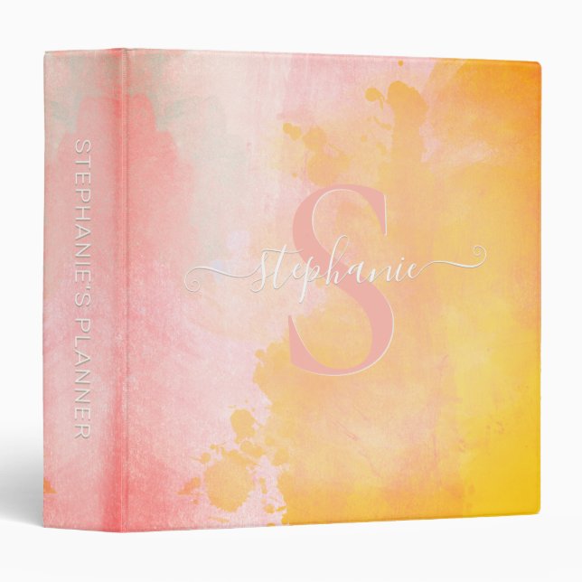Watercolor Abstract Pink Orange Monogrammed 3 Ring Binder (Front/Spine)
