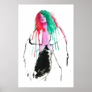 Watercolor abstract portrait of young woman, poster
