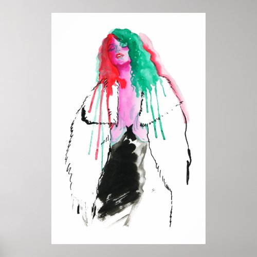 Watercolor abstract portrait of young woman poster