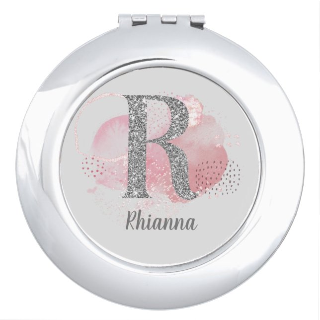Watercolor Abstract & Silver Glitter Letter R  Compact Mirror (Front)