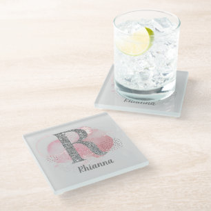 Watercolor Abstract & Silver Glitter Letter R Glass Coaster