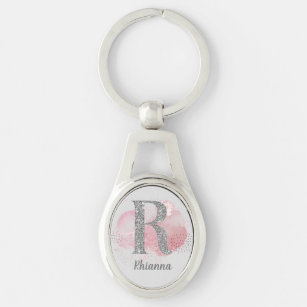 Watercolor Abstract & Silver Glitter Letter R   Keychain