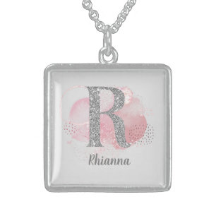 Watercolor Abstract & Silver Glitter Letter R   Sterling Silver Necklace