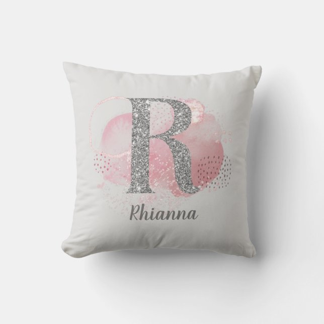 Watercolor Abstract & Silver Glitter Letter R Throw Pillow (Front)