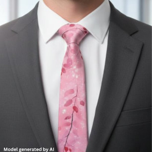 Watercolor Abstract Vines with Pink Background Neck Tie