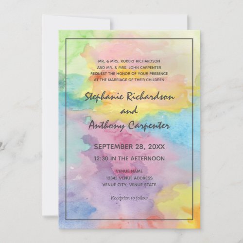 Watercolor Abstract Whimsical Colorful Fun Wedding Invitation