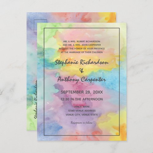 Watercolor Abstract Whimsical Colorful Fun Wedding Invitation Postcard