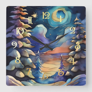Watercolor Abstract Winter Scene Christmas Square Wall Clock