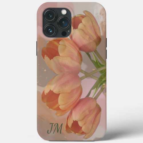 Watercolor abstract with tulips  custom initials iPhone 13 pro max case