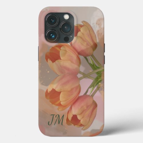 Watercolor abstract with tulips  custom initials iPhone 13 pro case