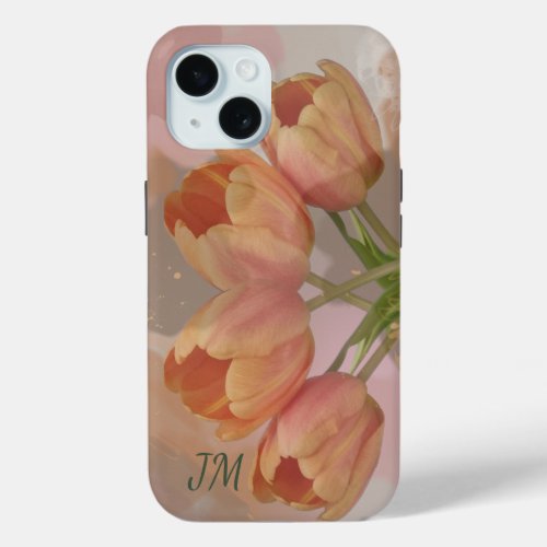 Watercolor abstract with tulips  custom initials iPhone 15 case