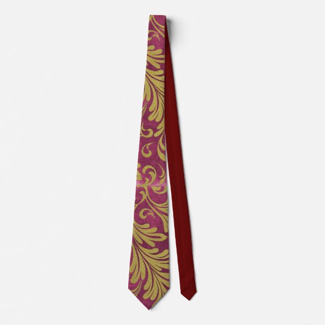 Watercolor Acanthus Leaves Purple Magenta Gold Neck Tie (Front)