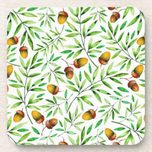 Watercolor Acorns and Leaves Nature Pattern Beverage Coaster