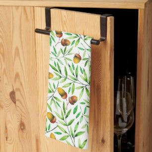 Watercolor Acorns and Leaves Nature Pattern Kitchen Towel