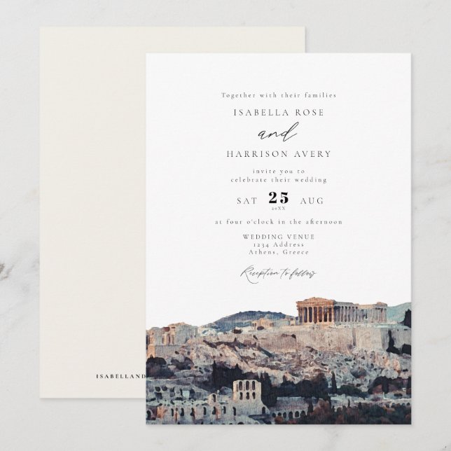 Watercolor Acropolis of Athens Wedding Invitation (Front/Back)