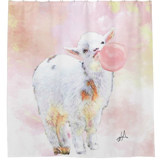 Watercolor Adorable Baby Goat with Bubblegum Shower Curtain (Front)