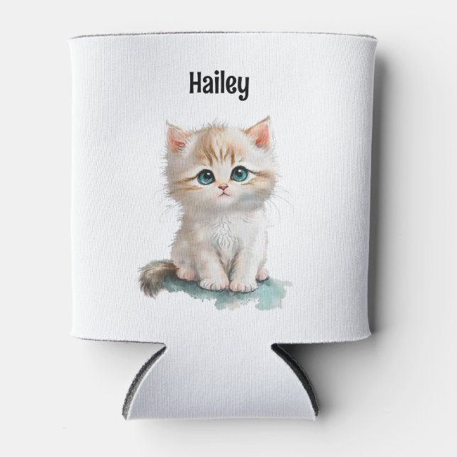 Watercolor Adorable Kitten with Blue Eyes  Can Cooler (Front)