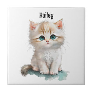 Watercolor Adorable Kitten with Blue Eyes Ceramic Tile